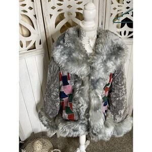 Vintage Faux Suede Leather Patchwork Faux Fur Crop Multicolor Retro 70s Medium